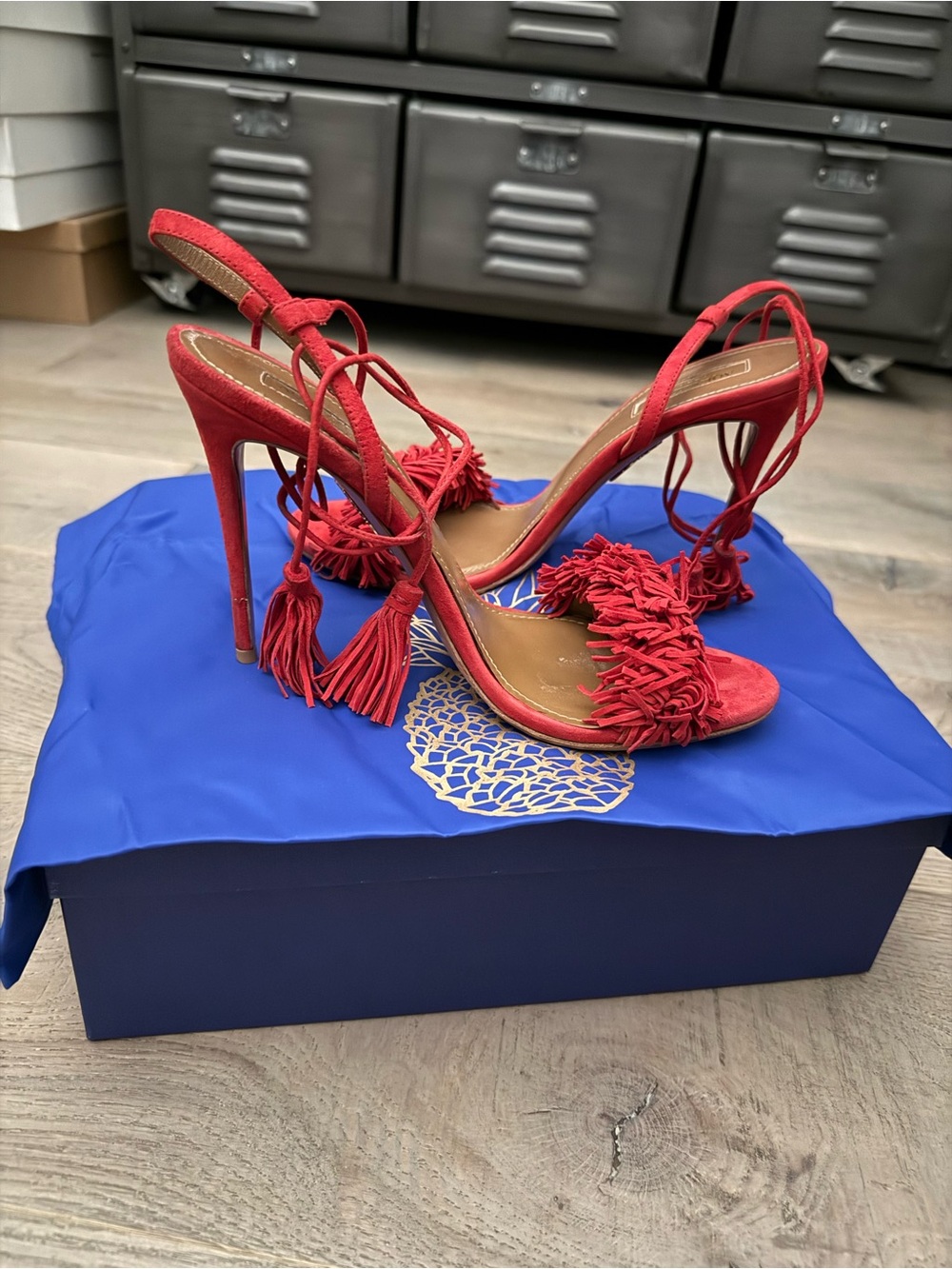 Aquazzura Red Tassel Fringe Lace-Up Stiletto Sandals